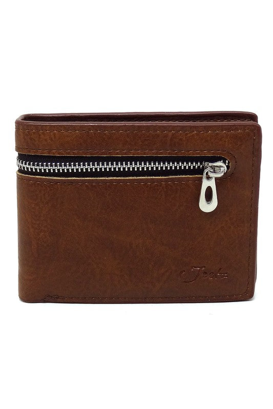 Bi-fold Leather Mens Wallet W/Zipper RFID