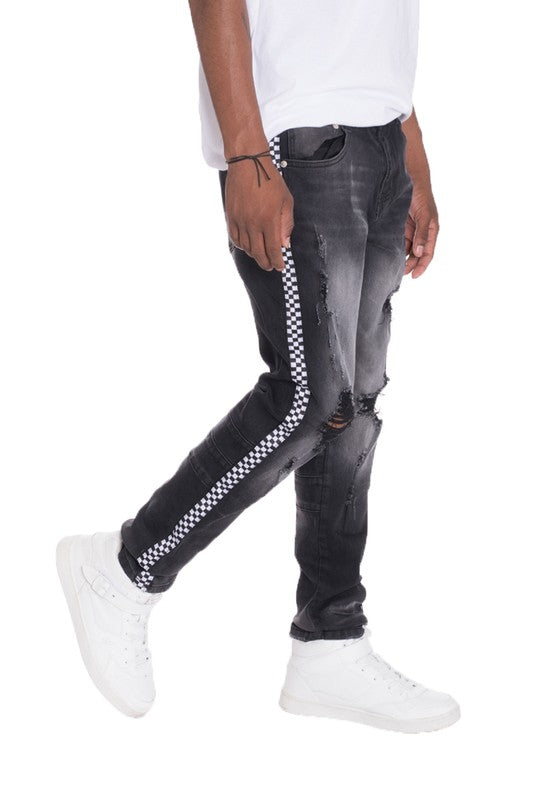 Distressed Denim Checkered Tape Jeans