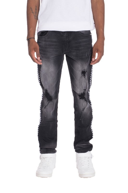 Distressed Denim Checkered Tape Jeans