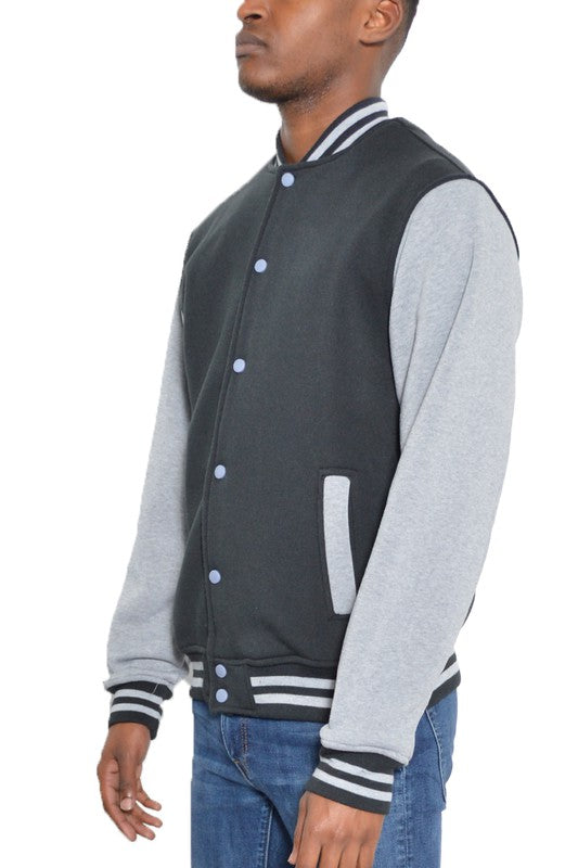 Fleece Snap Button Varsity Jacket