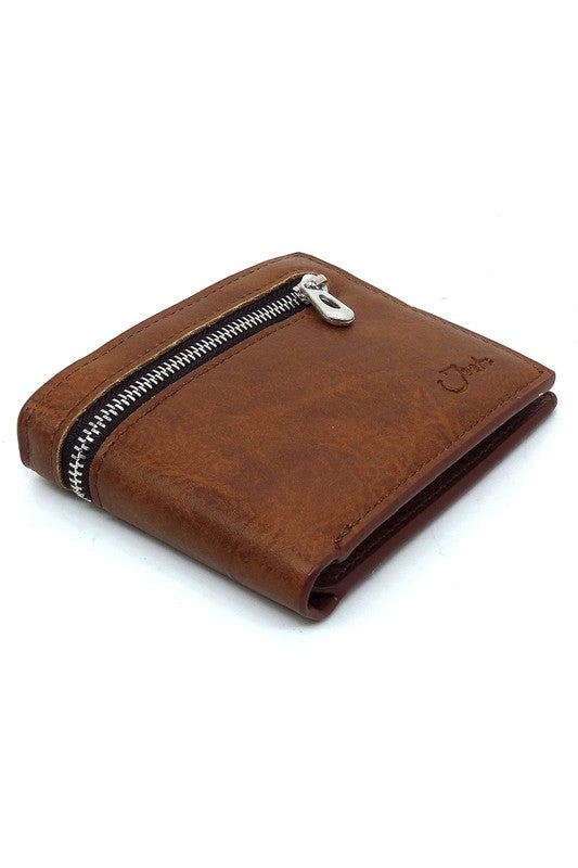 Bi-fold Leather Mens Wallet W/Zipper RFID